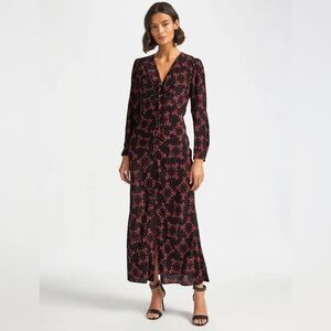 CEFINN Ophelia Bias Cut V-Neck Maxi‎ Dress in Black/Crimson Floral Print Size 2
